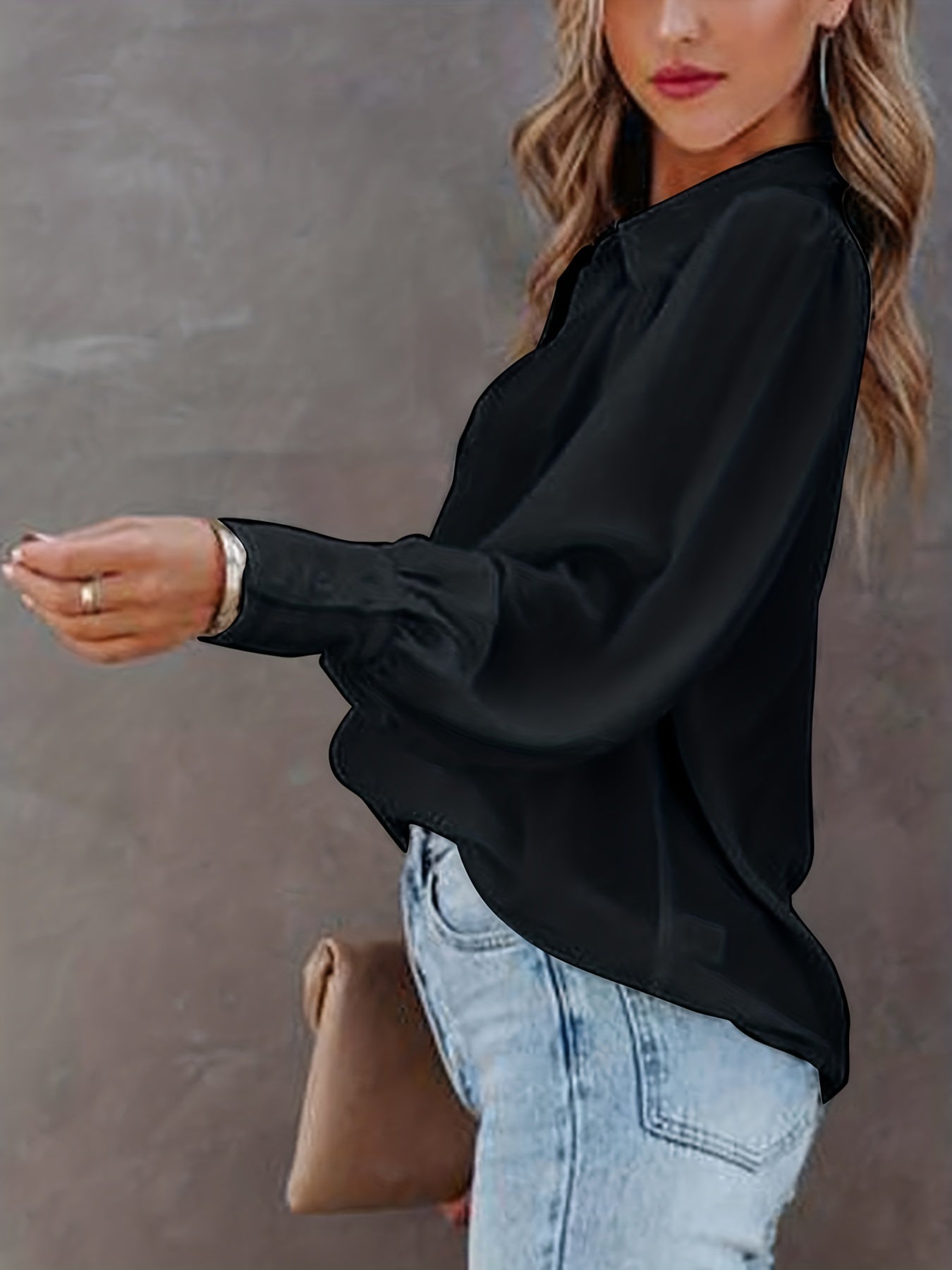 Blusa básica de talla grande para mujer, con botones, mangas farol, cuello vuelto, ligeramente elástica