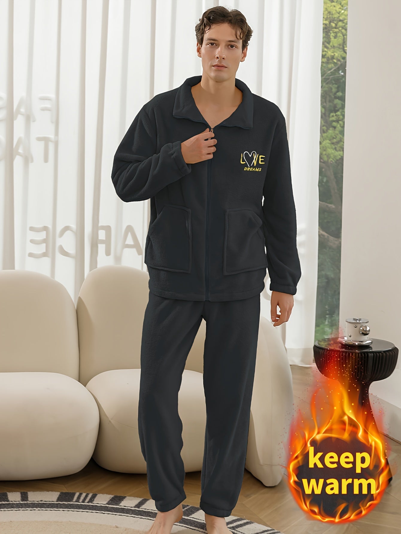 Conjunto de pijama de hombre con camiseta y pantalón de franela con bordado de letras, cuello alto, cremallera y manga larga para otoño e invierno.