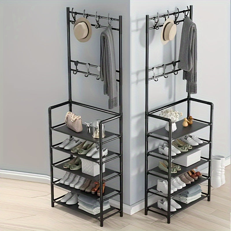 Multifunctional Metal Entrance Hall Organizer - 4-layer Black Clothes and Hat Rack with Shoe Cabinet, Perfect Choice for Home Storage, Independent Clothes and Shoe Rack, Suitable for Front Door Entrance, Used to Store Clothes