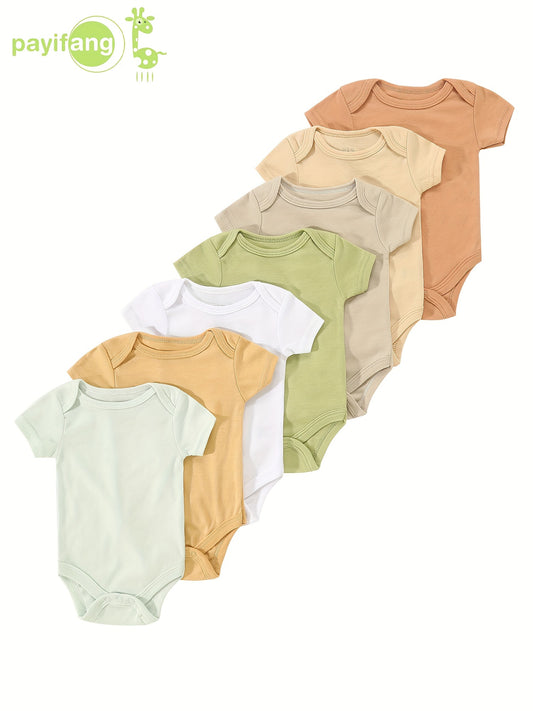 7-Pack Newborn Baby Bodysuits, Assorted Colors, Casual Style, Soft Cotton, Comfortable Snap Closure, Unisex Triangle Jumpsuits For Summer Outdoor Play