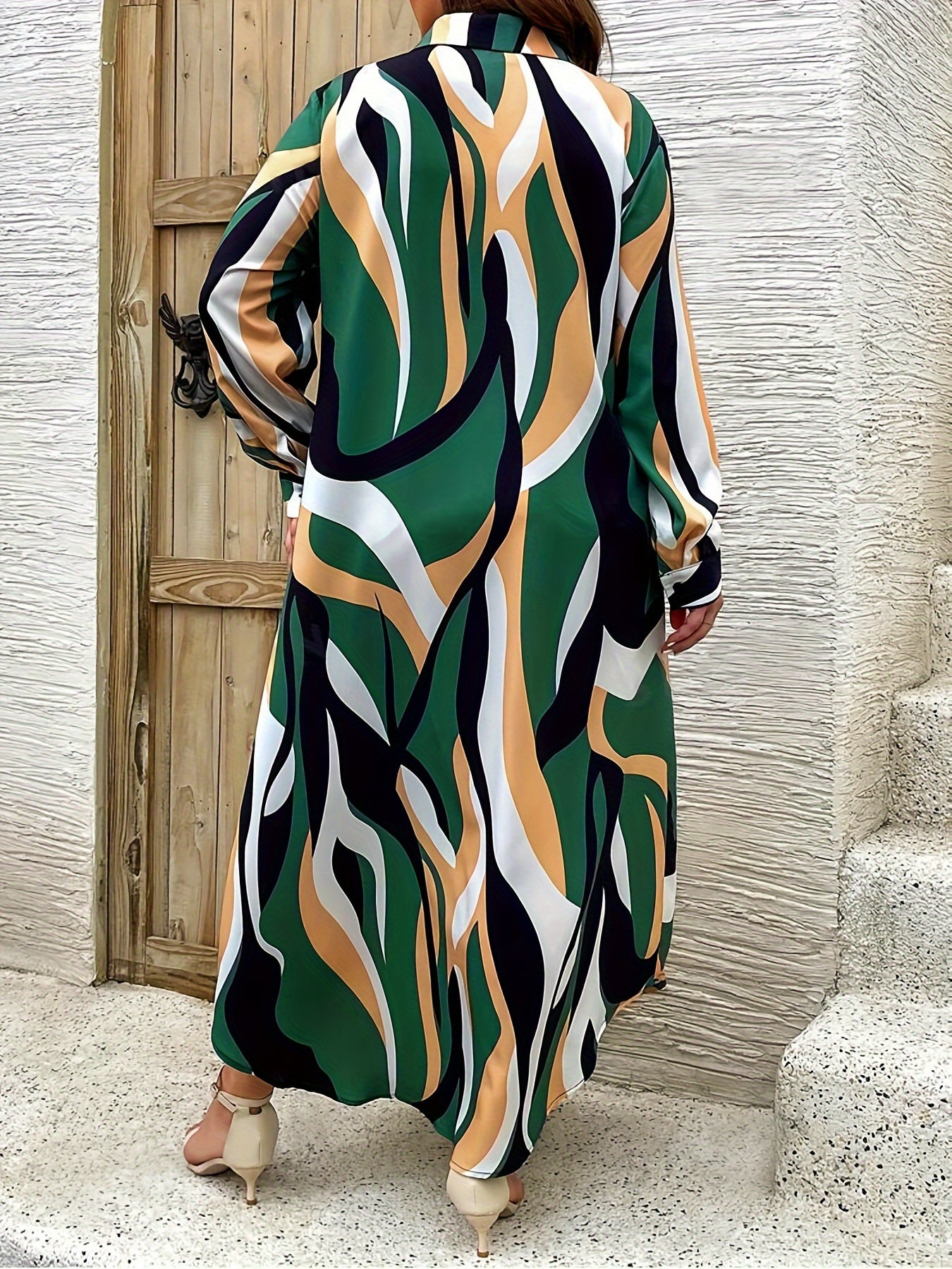 Plus Size Allover Print Shirt Dress, Button Front Long Sleeve Casual Dress For Spring, Women's Plus Size Clothing