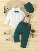 Conjunto de caballero para bebé primavera/otoño: mono con pajarita, pantalón con tirantes y gorro. Traje para bebé y niño pequeño para ocasiones formales al aire libre, fotografía, cumpleaños y bodas. Ropa de exterior.