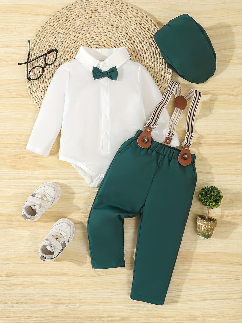 Conjunto de caballero para bebé primavera/otoño: mono con pajarita, pantalón con tirantes y gorro. Traje para bebé y niño pequeño para ocasiones formales al aire libre, fotografía, cumpleaños y bodas. Ropa de exterior.