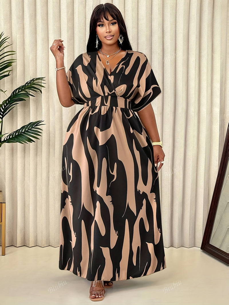 Women'S Plus Size Elegant V-Neck Dress with Abstract Pattern - Casual Spring/Summer Style, Knee-Length, Sleeveless, Adjustable Waist Cincher, Casual Summer Dress|Kneelength Dress|Vneck Design, Plus Size Dress