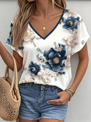 Women's Summer Top Fashion Design Simple Date Romantic Free Style Cute T-Shirt Artistic Casual Commute Vacation Style Versatile Blue Floral Print V-Neck Tee