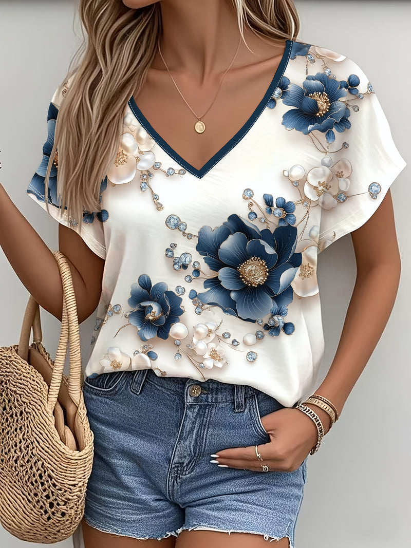 Women's Summer Top Fashion Design Simple Date Romantic Free Style Cute T-Shirt Artistic Casual Commute Vacation Style Versatile Blue Floral Print V-Neck Tee