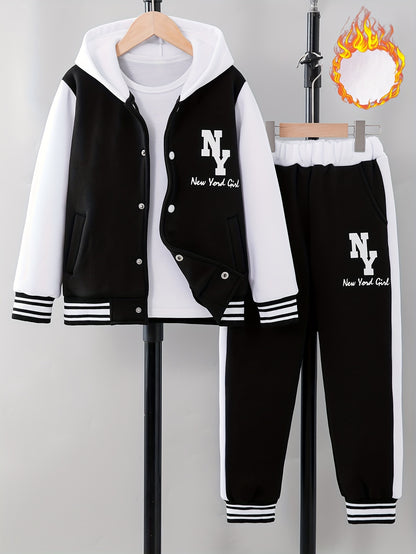 'NY' Letter Print Girl's Preppy Outfit, Color Block Hooded Varsity Jacket + Sweatpants Set Comfy Stylish 2-piece Girls Winter/ Fall Outdoor Clothes