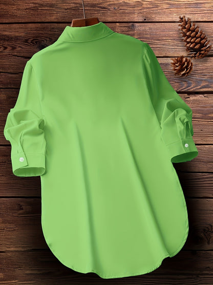 Blusa de talla grande con dobladillo curvo, informal, con cuello abotonado para primavera, ropa de talla grande para mujer.