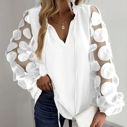 Plus Size Women'S Elegant White Blouse with Floral Mesh Sleeves - Long Sleeve, Notched Collar, Oversized Fit, Perfect for Night Outs, Casual to Formal Attire, Plus Size Blouse | Floral Pattern Top | Mesh Fabric Detail, Plus S