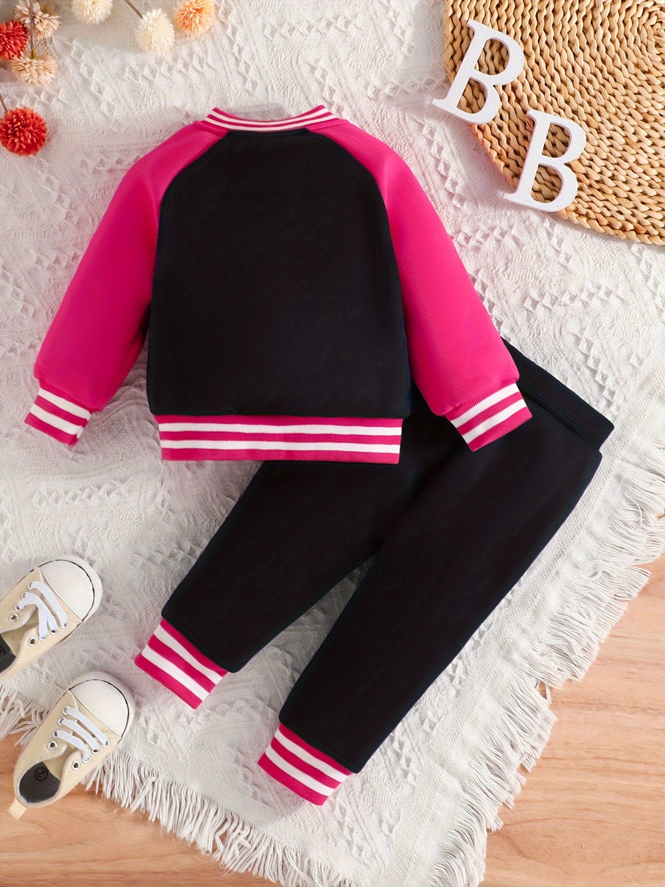 Cute Casual Outfits, Toddler Girls Letter Pattern Baseball Coat Pants Set For Spring And Autumn Outdoor Clothing