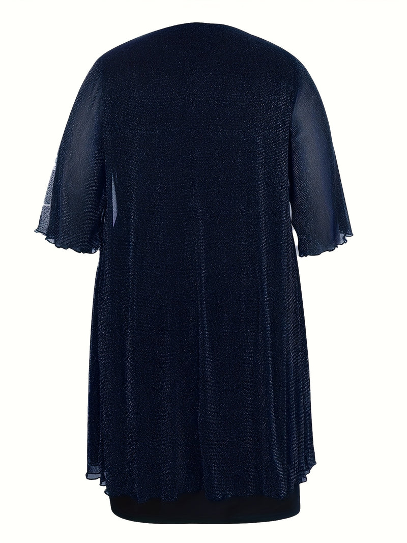 Plus Size - Elegant Plus Size Two-Piece Dress with Mesh Overlay - Navy Blue, Round Neck, Sleeveless, Flowy Design for Spring/Summer, Polyester Blend, Women'S Fashion, Plus Size Dresses