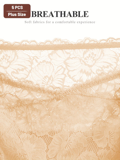 5-Pack MEIYATING Plus Size High-Waisted Tummy Control Briefs, Elegant Cotton Lace-Trimmed Floral Pattern, Medium Stretch Knit Fabric, Full Coverage Underwear for Women