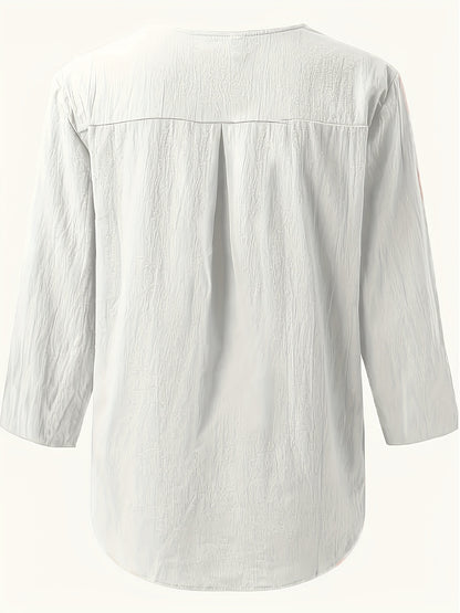 V-Neck Button-Up Top - Loose Fit Solid Color Pullover, Fashionable Casual V-Neck Shirt for Women, Relaxed Fit, Non-Stretch Cotton Linen Blouse