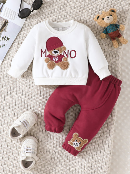 Infant Baby Spring & Autumn Cute Little Bear Print Sweatshirt Set, Long Sleeve Round Neck Top + Trouser Outdoor Clothes Set