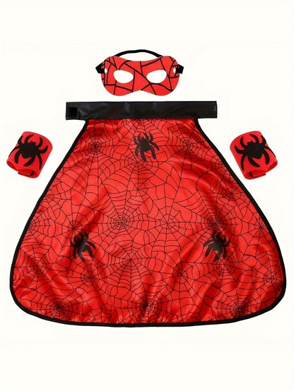 Capa de telaraña para niño con máscara de Halloween y muñequeras, conjunto de disfraz de héroe vibrante, ideal para los amantes de las fiestas, estilo festivo.