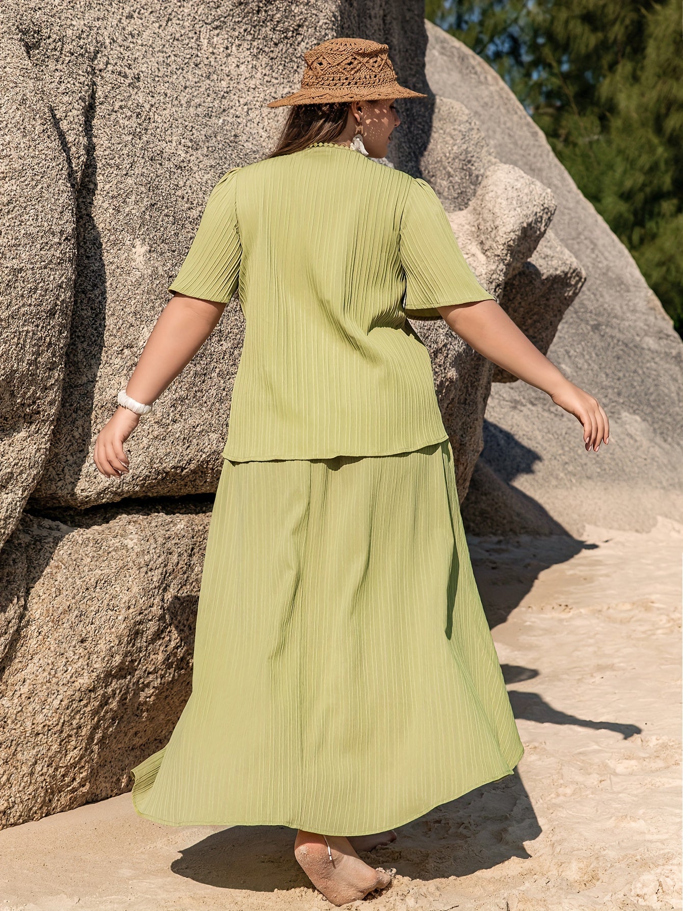 Plus Size Solid Two-piece Skirt Set, V Neck Short Sleeve Top & Irregular Hem Skirts Outfits, Women's Plus Size Clothing