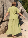 Plus Size Solid Two-piece Skirt Set, V Neck Short Sleeve Top & Irregular Hem Skirts Outfits, Women's Plus Size Clothing