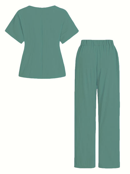 Women'S Casual Beige Knotted Top & Matching Pants Set - Spring/Summer Style, Solid Color, Relaxed Fit with Drawstring Waist, Stylish Accessory Bag, Everyday Casual Wear|Stylish Knotted Top|Drawstring Waist Pants, Casual Wear