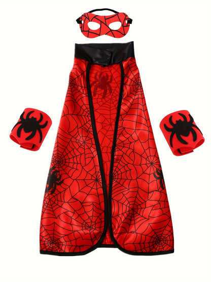 Boys Spider Web Cape With Halloween Mask And Wrist Cuffs, Vibrant Hero Character Outfit Set, Perfect For Party Enthusiast, Party Style