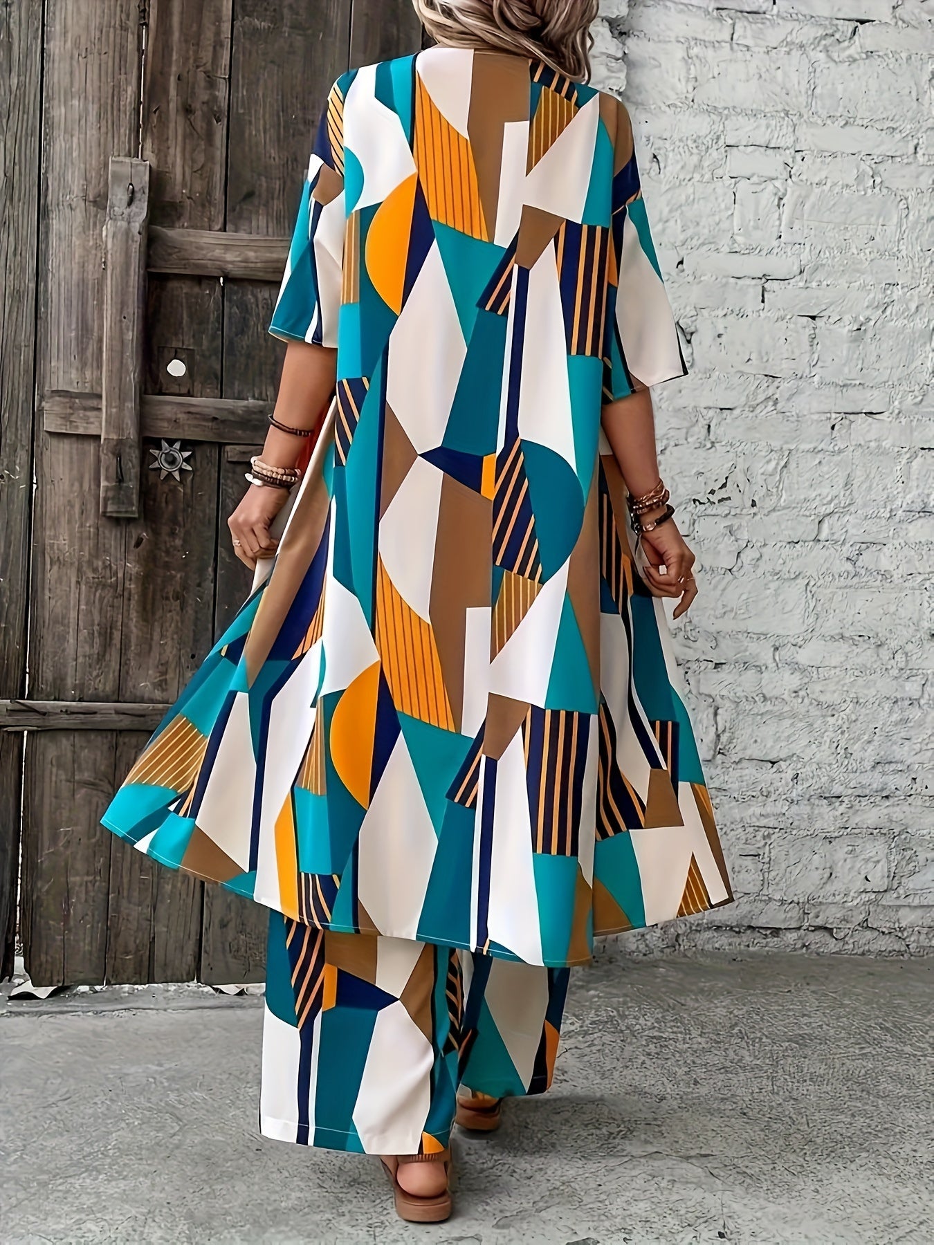 Elegant Polyester Suit Set For Women, Geometric Print, Open-Front Blouse, And Wide-Leg Pants, Casual And Fashionable Outfit For Daily And Leisure Wear