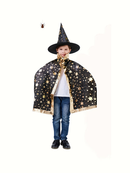 Boys Halloween Party Wizard Cloak With Hat Set, Spooky Witch Cloak Cape & Hat Perfect For Ghostly Attire