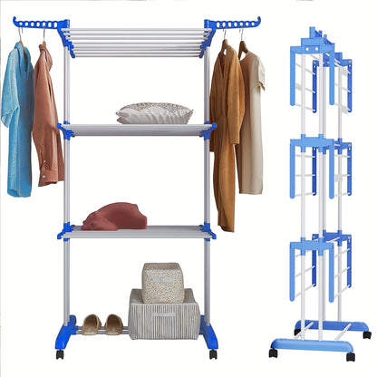 3-Tier Foldable Clothes Drying Rack with Wheels - Durable Metal & Plastic, Space-Saving Design for Indoor/Outdoor Use, Easy Assembly, Drying Racks