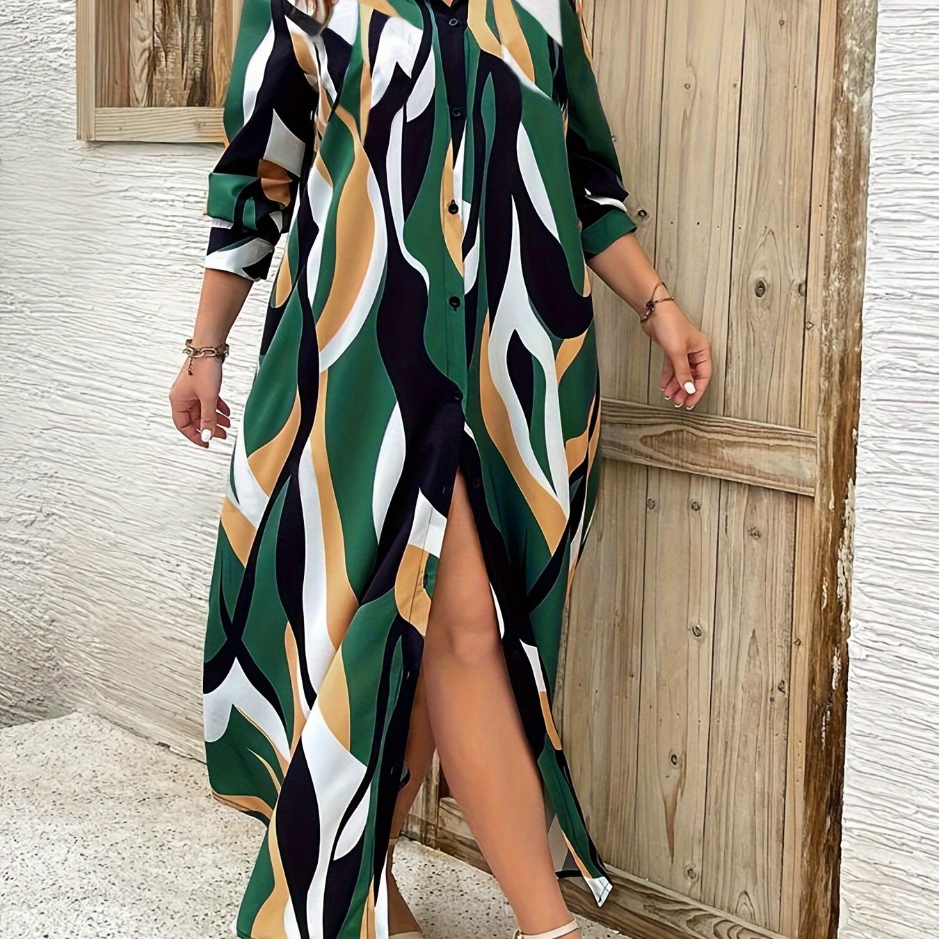 Plus Size Allover Print Shirt Dress, Button Front Long Sleeve Casual Dress For Spring, Women's Plus Size Clothing