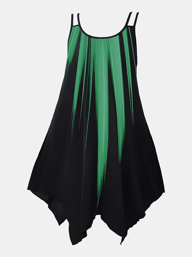 Plus Size Ombre Print Cami Dress, Vacation Style Asymmetrical Hem Sleeveless Crew Neck Dual Strap Dress For Spring & Summer, Women's Plus Size Clothing