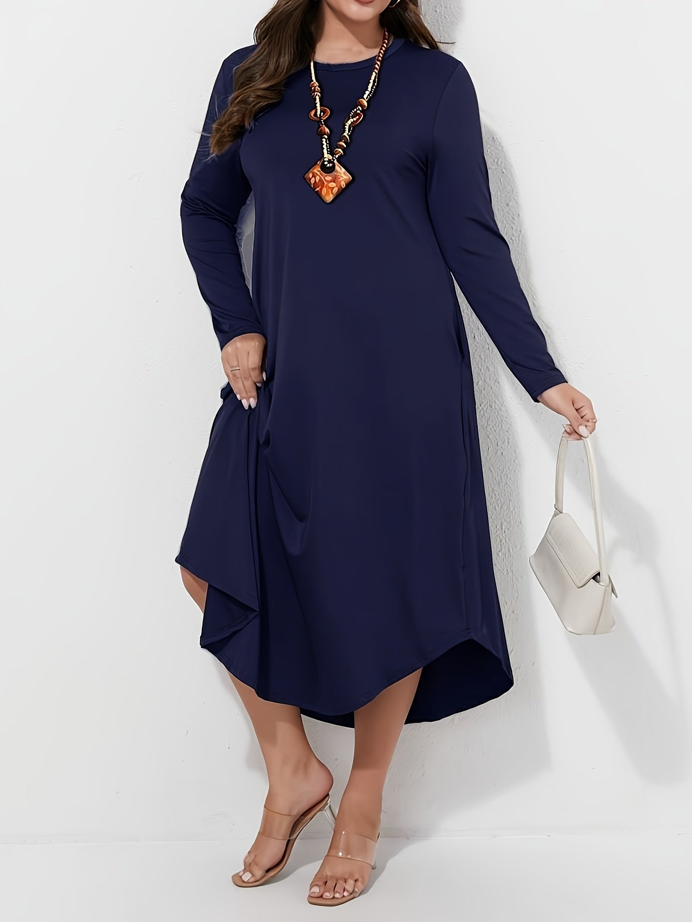 Plus Size Solid Color Dress, Casual Long Sleeve Crew Neck Dress for Spring & Fall, Women's Plus Size Clothing