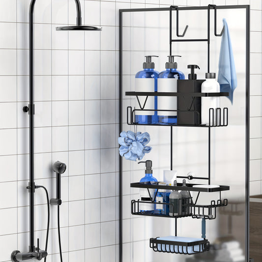 1pc Stainless Steel No-Drill Matte Black Shower Glass Door Rack, Bathroom Organizer for Towels, Clothes, Sponge - Wall Mounted Hanging Shelf for Home Storage and Decor, Ideal for Autumn/Winter and Christmas Gifts