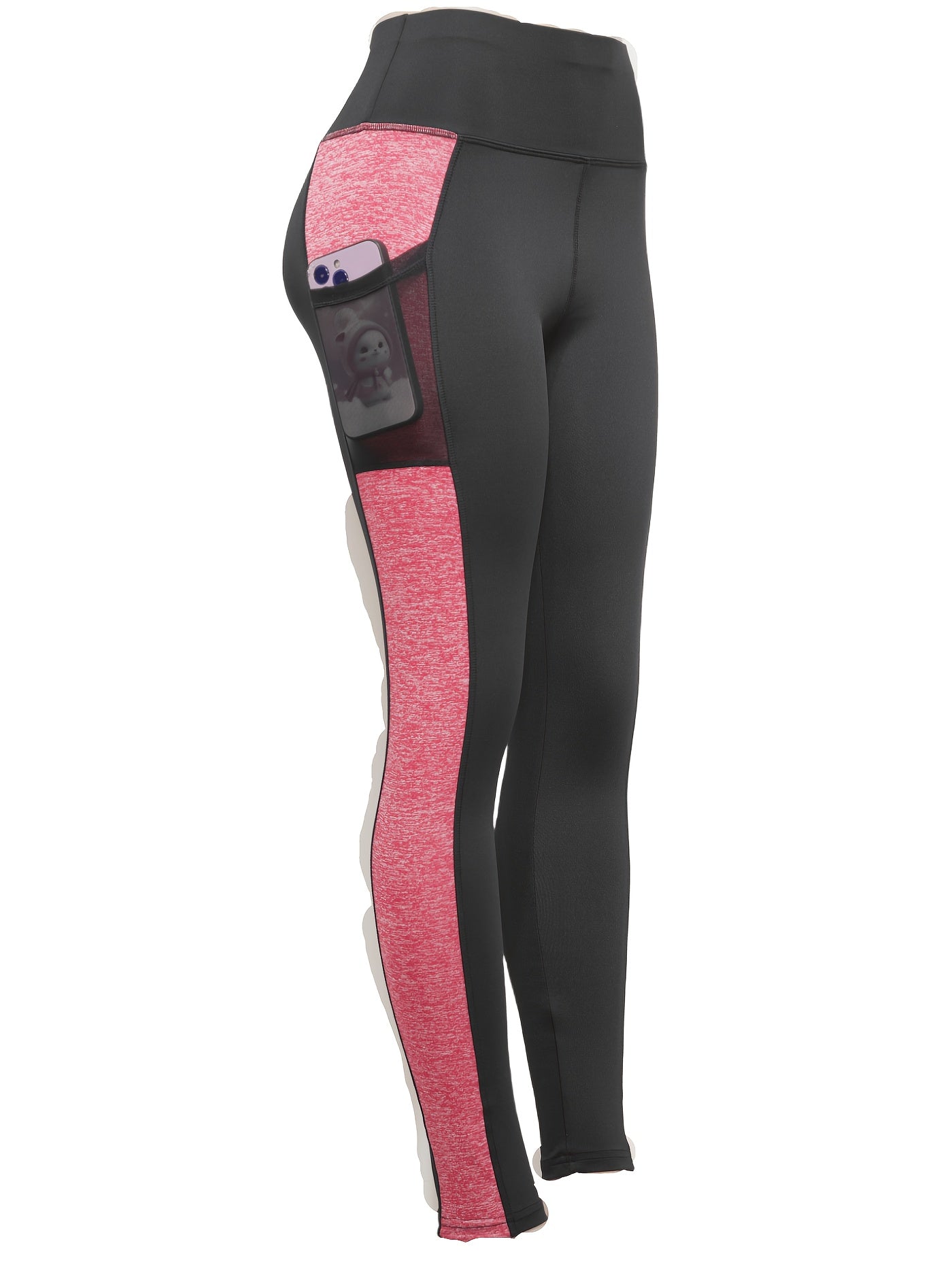 [1pc Women'S High Waist Yoga Leggings] 1pc Women'S High Waist Yoga Leggings with Contrast Color Pocket, Soft Stretchable Polyester Knit Sports Pants, Breathable Activewear for All Seasons