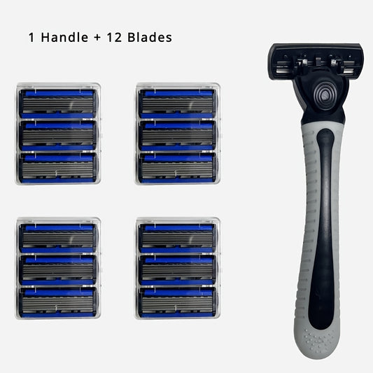 Metal Handle Safety Razor Set - 6-Blade Precision Manual Shaving Razor with Ergonomic Grip, 1 Durable Handle and 12 Cartridge Refills for Efficient Facial Hair Removal and Smooth Shave