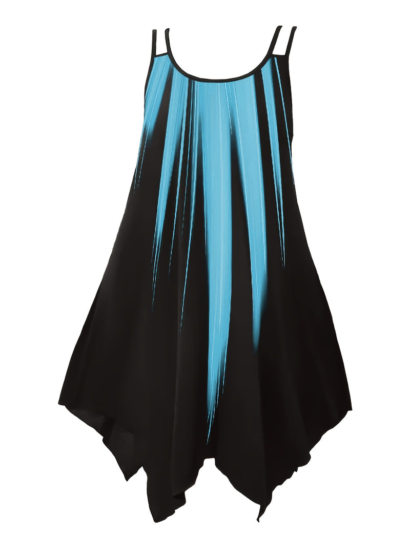 Plus Size Ombre Print Cami Dress, Vacation Style Asymmetrical Hem Sleeveless Crew Neck Dual Strap Dress For Spring & Summer, Women's Plus Size Clothing