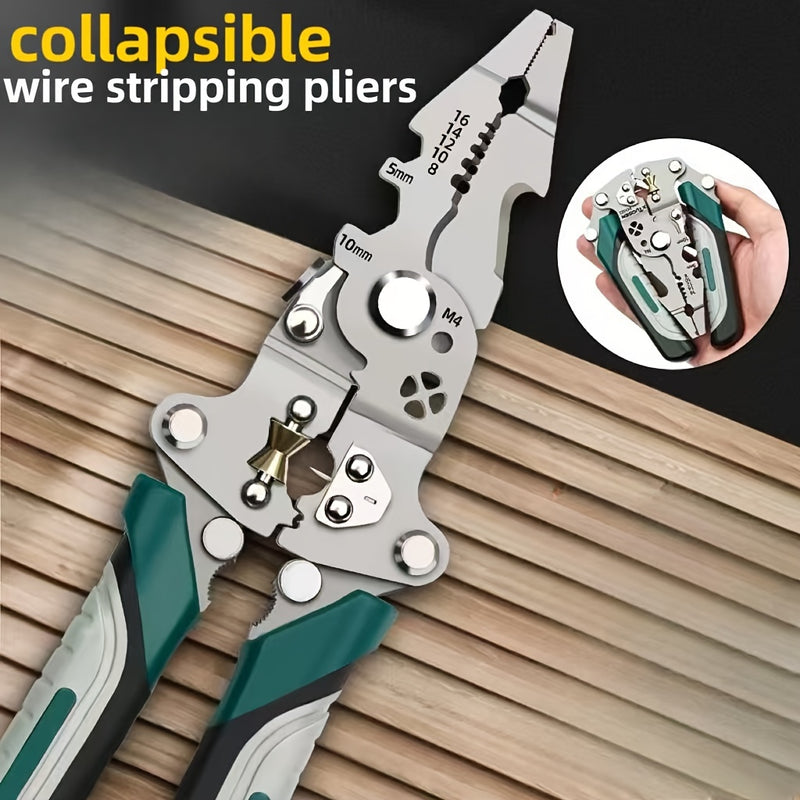 Collapsible Wire Stripping Pliers – Multi-Function Electrician Tool with Crimping, Cutting, and Wrench Features, Durable Chrome Vanadium Steel, Compact Foldable Design for Easy Storage, Ideal for Home, Outdoor, and Industri
