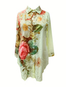 Plus Size - Elegant Floral Print Maxi Dress with Long Sleeves - Blue & White Floral Design, Button-Up Front, Casual Style for Women, All-Season Wear, Casual Summer Dress | Floral Print Dress | Nonstretch Fabric