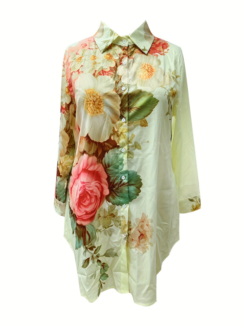 Plus Size - Elegant Floral Print Maxi Dress with Long Sleeves - Blue & White Floral Design, Button-Up Front, Casual Style for Women, All-Season Wear, Casual Summer Dress | Floral Print Dress | Nonstretch Fabric