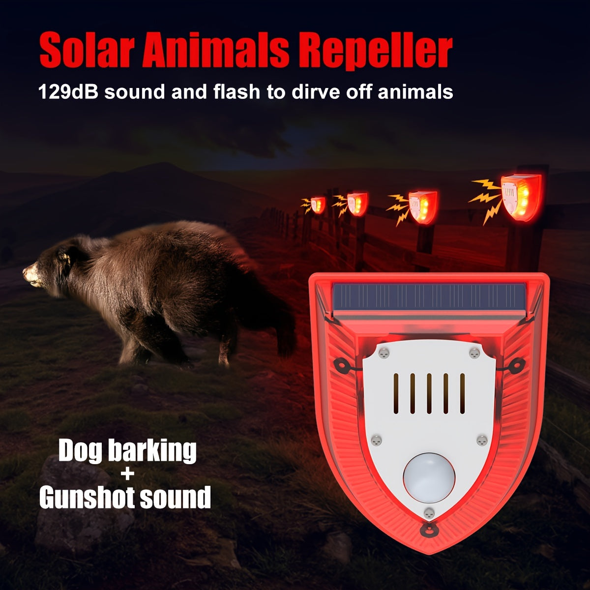 Alarma de seguridad solar para exteriores de 129 dB con sonido de perro ladrando y disparos, luz estroboscópica de advertencia para casa y jardín.