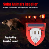 Alarma de seguridad solar para exteriores de 129 dB con sonido de perro ladrando y disparos, luz estroboscópica de advertencia para casa y jardín.