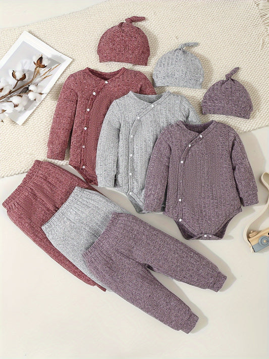 3-Piece Baby Girl's Solid Color Stylish Comfy Set - Long Sleeve Onesie, Soft Pants &amp; Cozy Knot Hat - Spring/Fall Casual Outfit, Outdoor Cloth