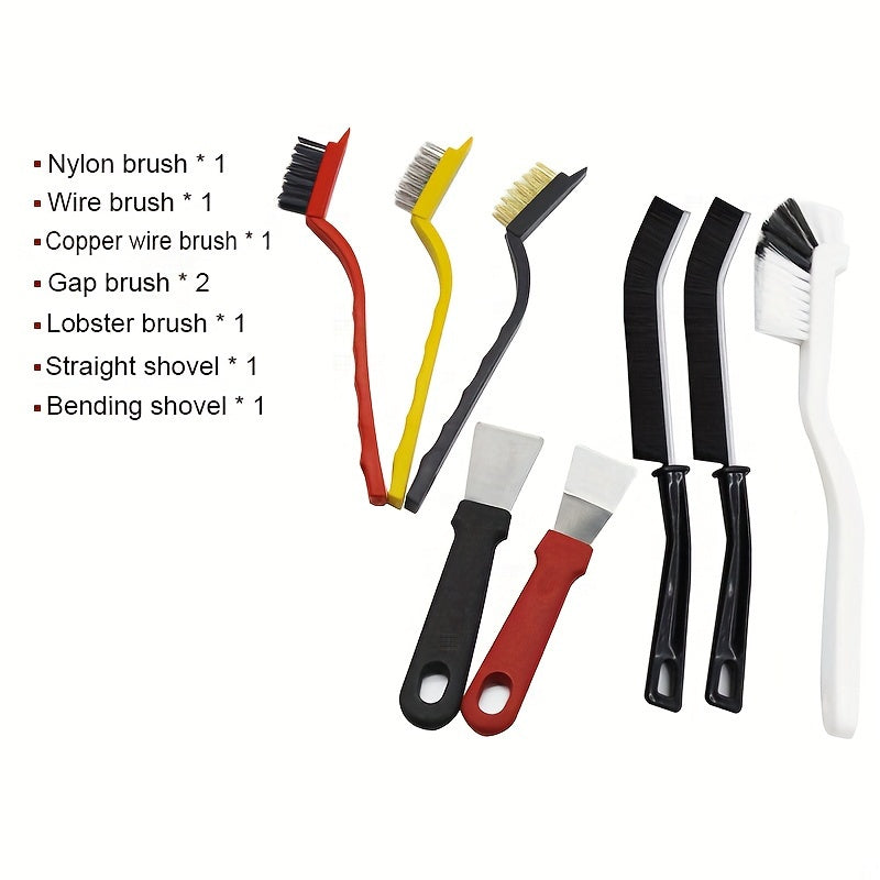 8pcs Multi-Function Cleaning Brush Set - Durable Stainless Steel & Plastic Tools for Kitchen, Bathroom, and Outdoor Use - Includes Stove, Range Hood, Refrigerator Gap, Cup, and Lobster Brushes