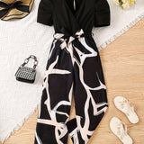 Girls' Stylish & Chic Puff Sleeve Belted Jumpsuit For Spring & Summer, Girls' Clothes