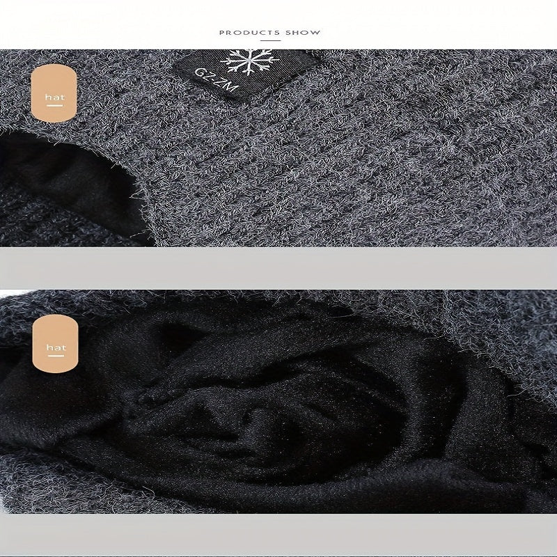 Men's Winter Knit Beanie with Ear Flaps - Thick, Warm & Cozy for Middle-Aged and Elderly - Gray, Autumn, Fleece