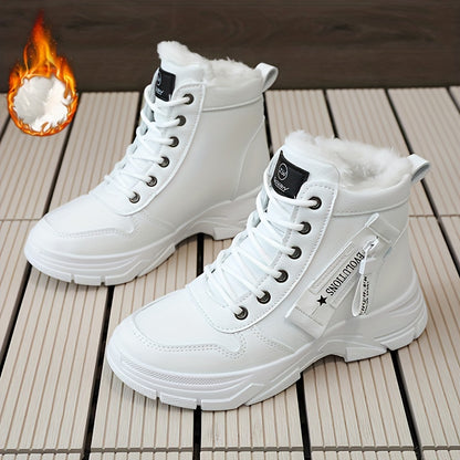 Women's Side Zipper Winter Thermal Snow Boots With Fleece Lining, Height Increased Thick-soled Platform Comfortable Lace-up Mid-tube Boots
