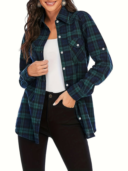 Plus Size Casual Top, Women's Plus Plaid Print Button Up Long Sleeve Turn Down Collar Blouse