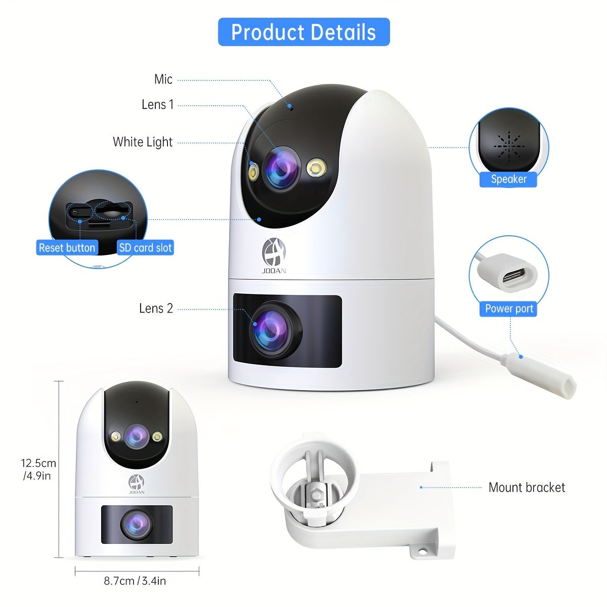 JOOAN 4K Outdoor Dual Lens PTZ WiFi Camera, 5G Compatible, Wall Hanging, 1296p Video, Two-Way Audio, HD Resolution, Application Control, Audio & Motion Alerts, Color Display, USB Power, without Battery, for Security Monitorin