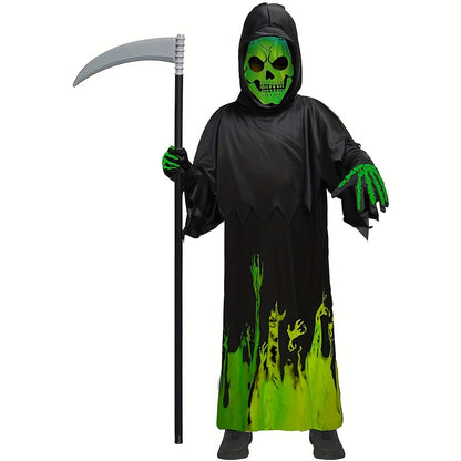 [Fast Arrival] 1pc Luminous Grim Reaper Costume for Kids - Halloween Party Storytelling, Role-Playing Performance Outfit with Hooded Jumpsuit, Gloves & Sickle, Polyester Material, Non-Transparent, Knitted Fabric, Solid Color,