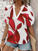 Stylish Women'S V-Neck Blouse - Floral Print, Short Sleeve, Lightweight Polyester, Perfect for Spring/Summer, Red & White Design, Elegant Shirt for Casual or Office Wea