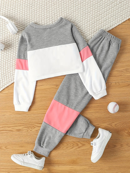 Youngsters's Spring and Autumn Style Letter Print Round Neck Short Long Sleeve Top and Color-Matching Spliced Long Pants Casual Two-Piece Set, Perfect for Outdoor