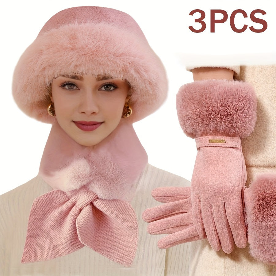 Winter Warmth Set for Women - 3pcs Fashionable Gloves, Scarf, and Hat Combo, Thick Fleece Lining, Perfect for Cold Weather & Outdoor Activities, Ideal Christmas or Valentine's Gift