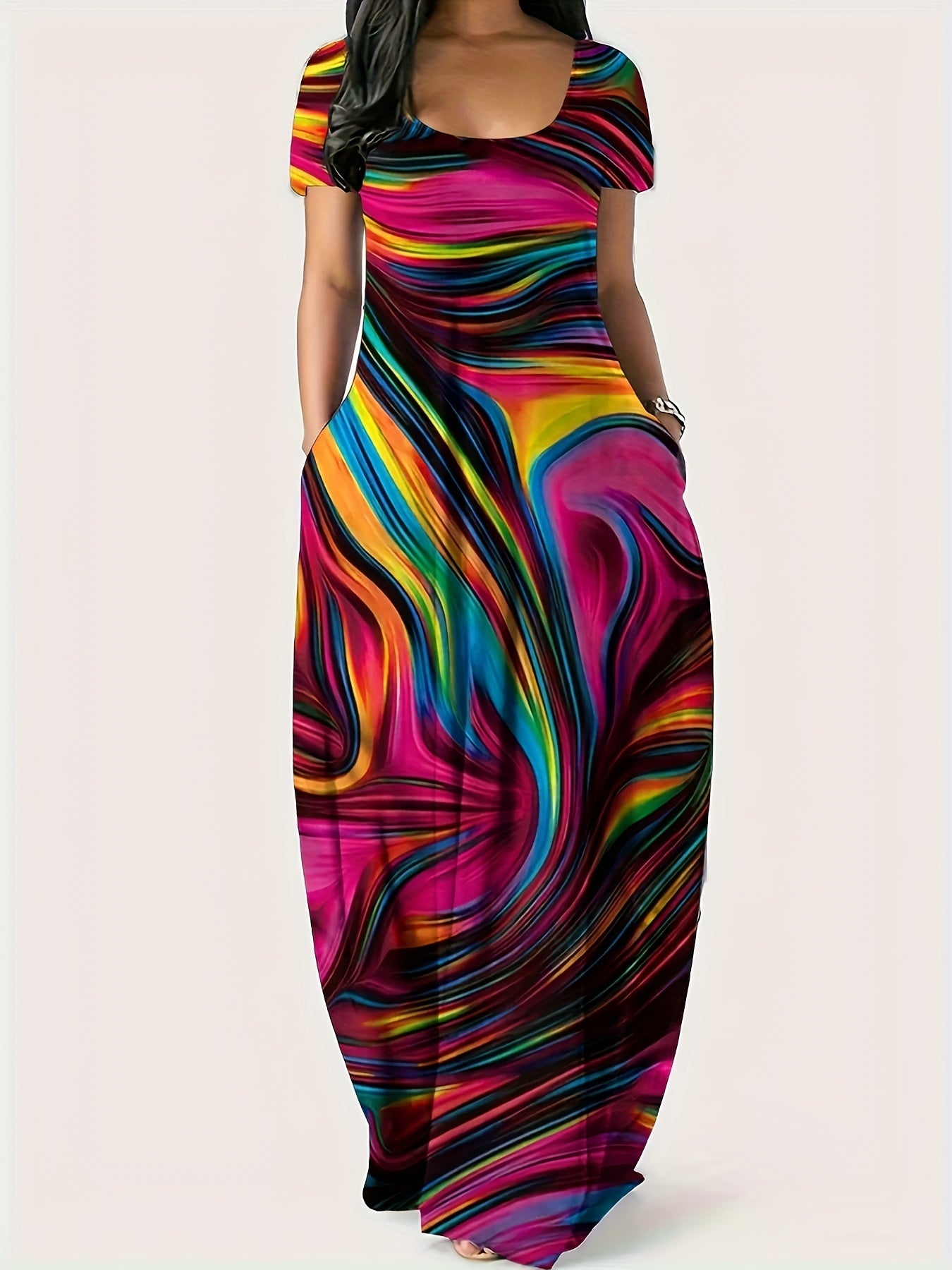 [1pc Plus Size Geometric Print Maxi Dress] 1pc Plus Size Geometric Print Maxi Dress, Stretchy Polyester Knit, Round Neck, Short Sleeve, Casual Loose Fit with Pockets, All-Season Versatile Style